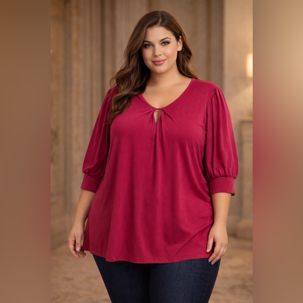 NY Collection Raspberry V-Neck Puff Sleeve Blouse